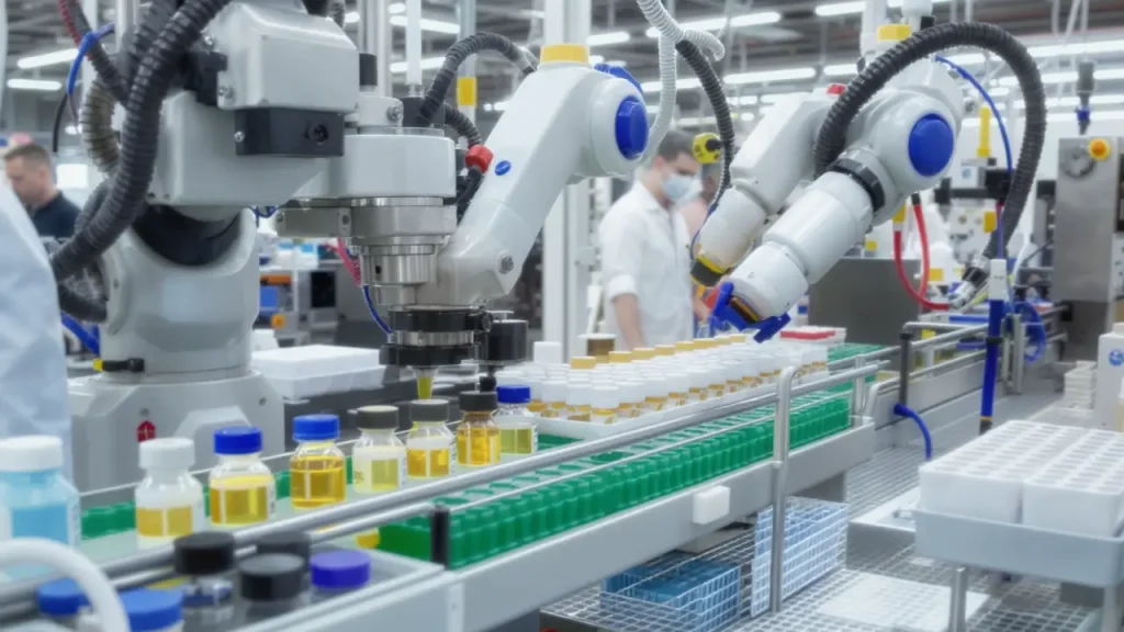 AI robotic arm operating sterile instruments in pharmaceutical cleanroom