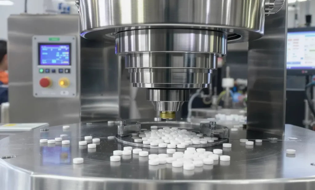 Modern tablet press machine producing pharmaceutical tablets in sterile environment